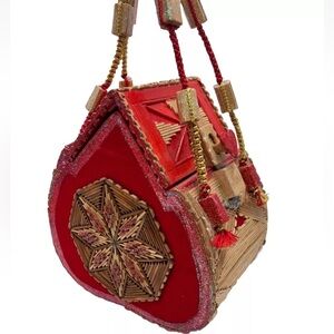 Handmade Wood Inlay Box Purse  Hand-painted Bag With Glitter Hearts Star Vintage